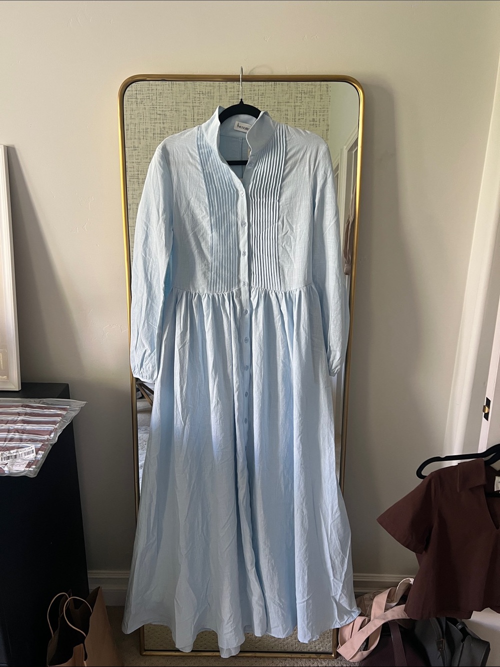 Light Blue Pintuck Button-Front Maxi Dress